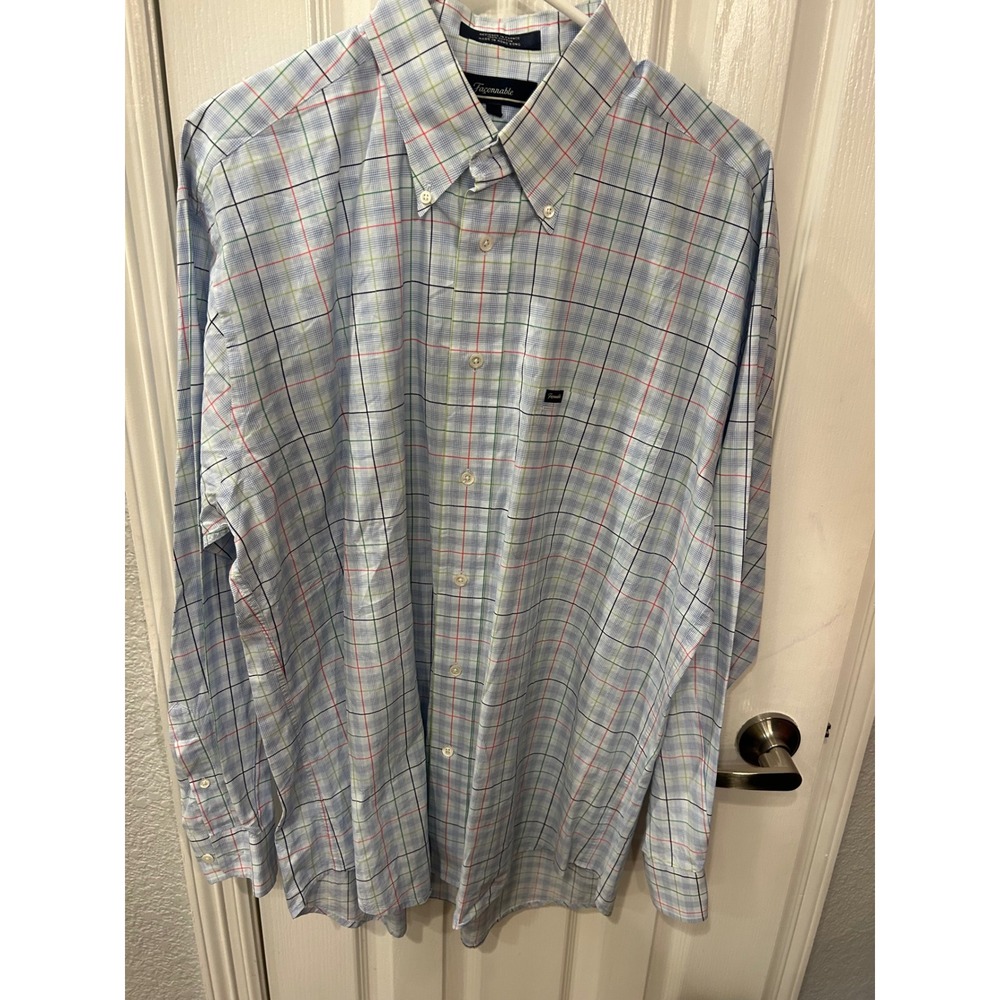 Faconnable Button Down Shirt Blue‎ Plaid Tattersall Long Sleeve Cotton Mens L